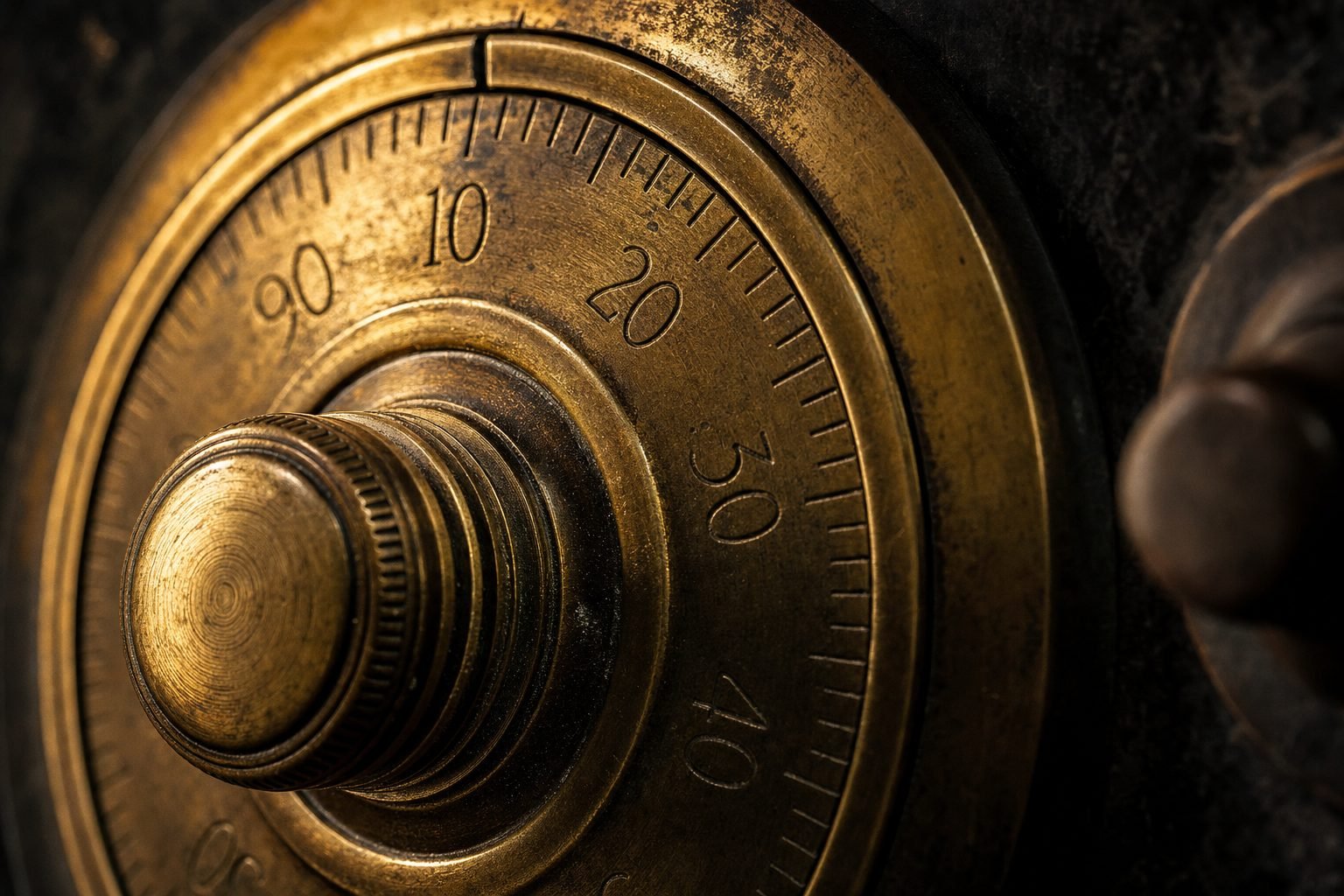 Close-up of a vintage brass safe combination dial