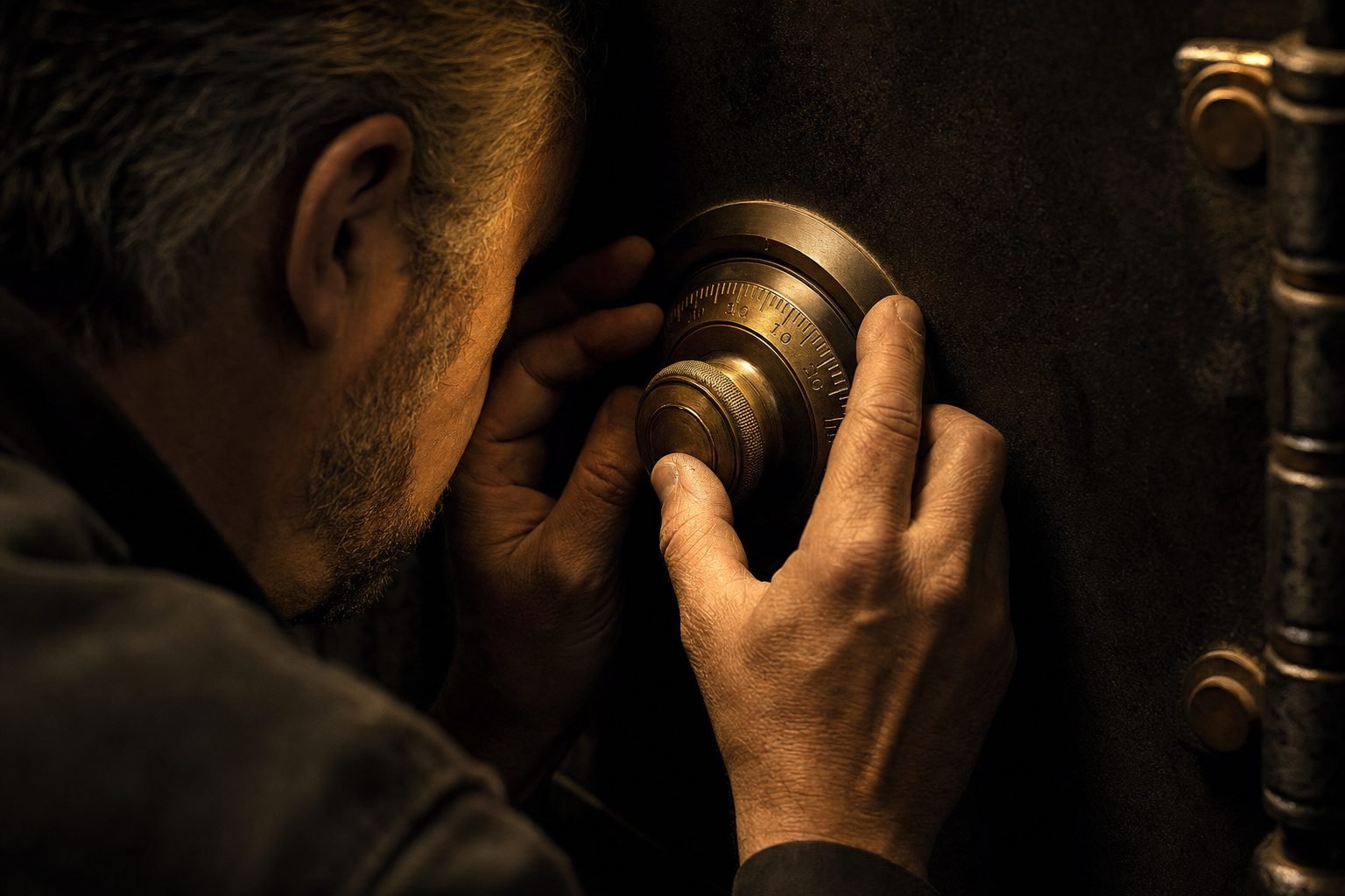 Safe technician working a vintage safe dial by feel